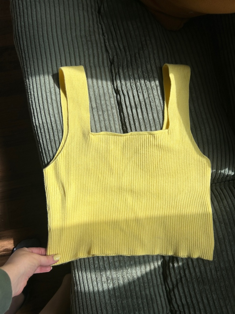 Yellow Ribbed Square-Neck Crop Tank Top